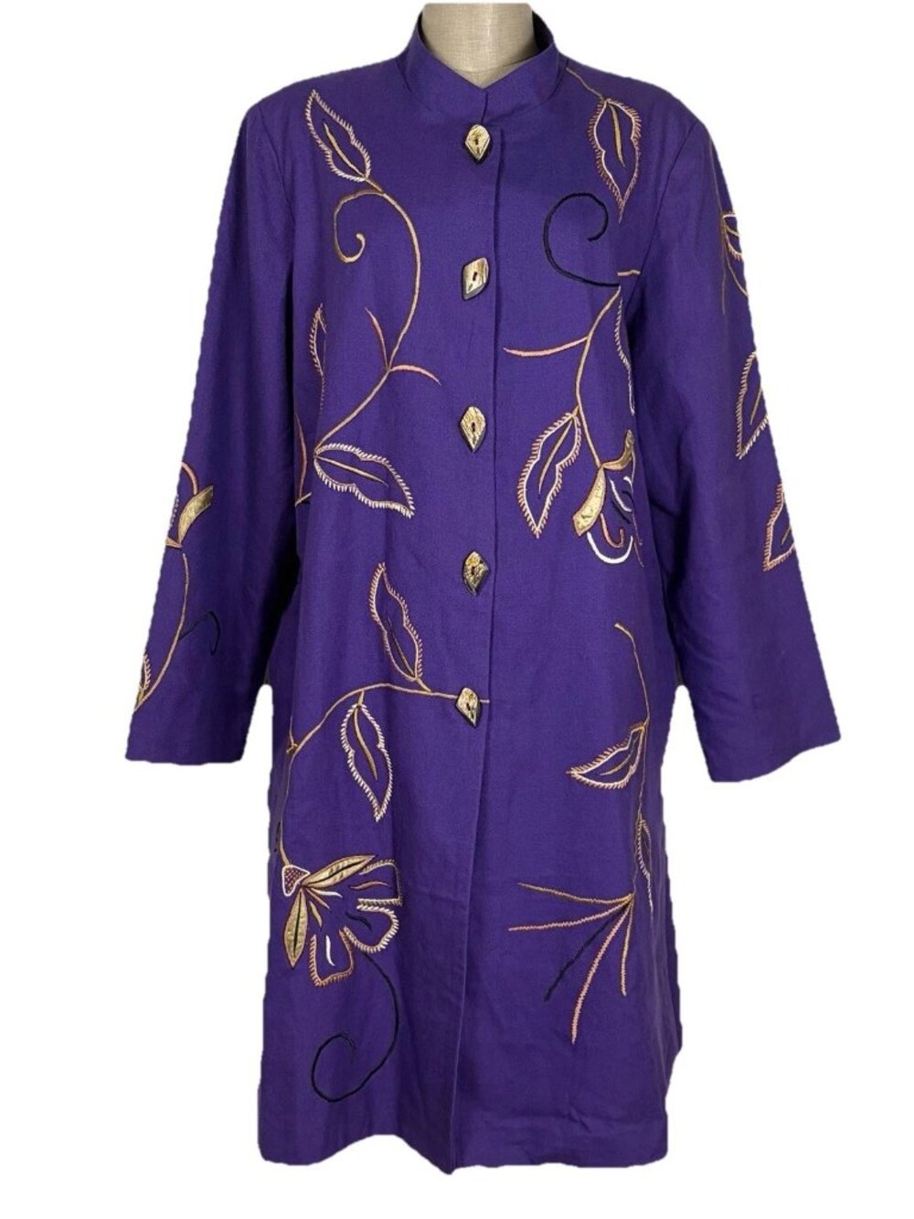 Vintage Indigo Moon Embroidered Long Duster Coat Jacket Purple Size Large Boho